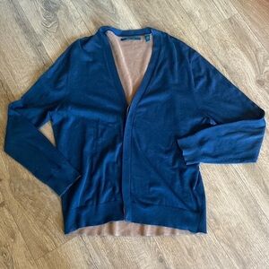 Perry Ellis Mens Cardigan Sweater Navy Blue & tan size XL. Academia preppy basic